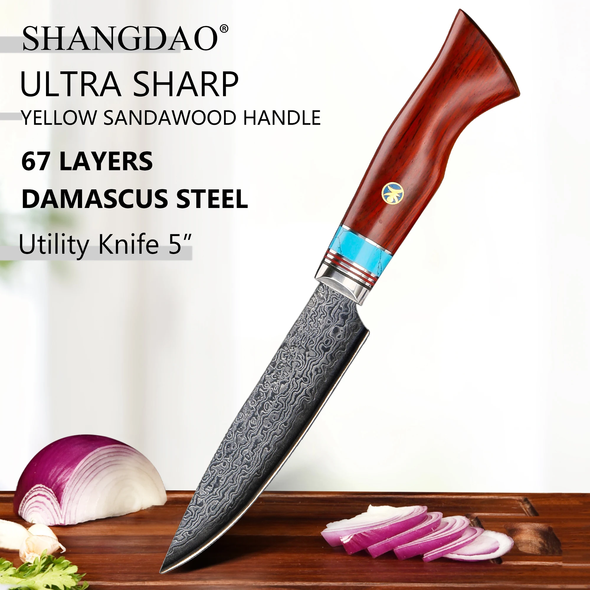 SHANGDAO 5 Inch Multi-use Utility Knife, High-Grade Damascus Steel Blade with Natural Yellow Sandalwood Comfort Non-slip Handle
SHANGDAO 5 Inch Multi-use Utility Knife, High-Grade Damascus Steel Blade with Natural Yellow Sandalwood Comfort Non-slip Handle