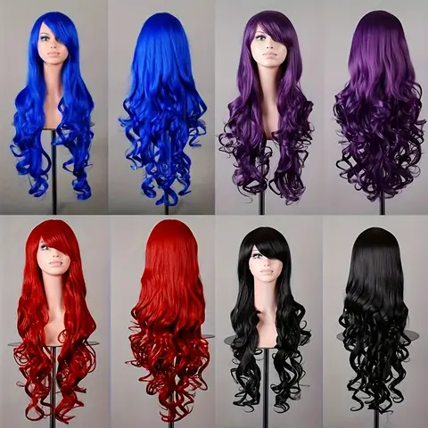 Purple 32 inch women's long wavy curly wig, suitable for cosplay, Halloween and Christmas wig, red, blue, black long curly hair