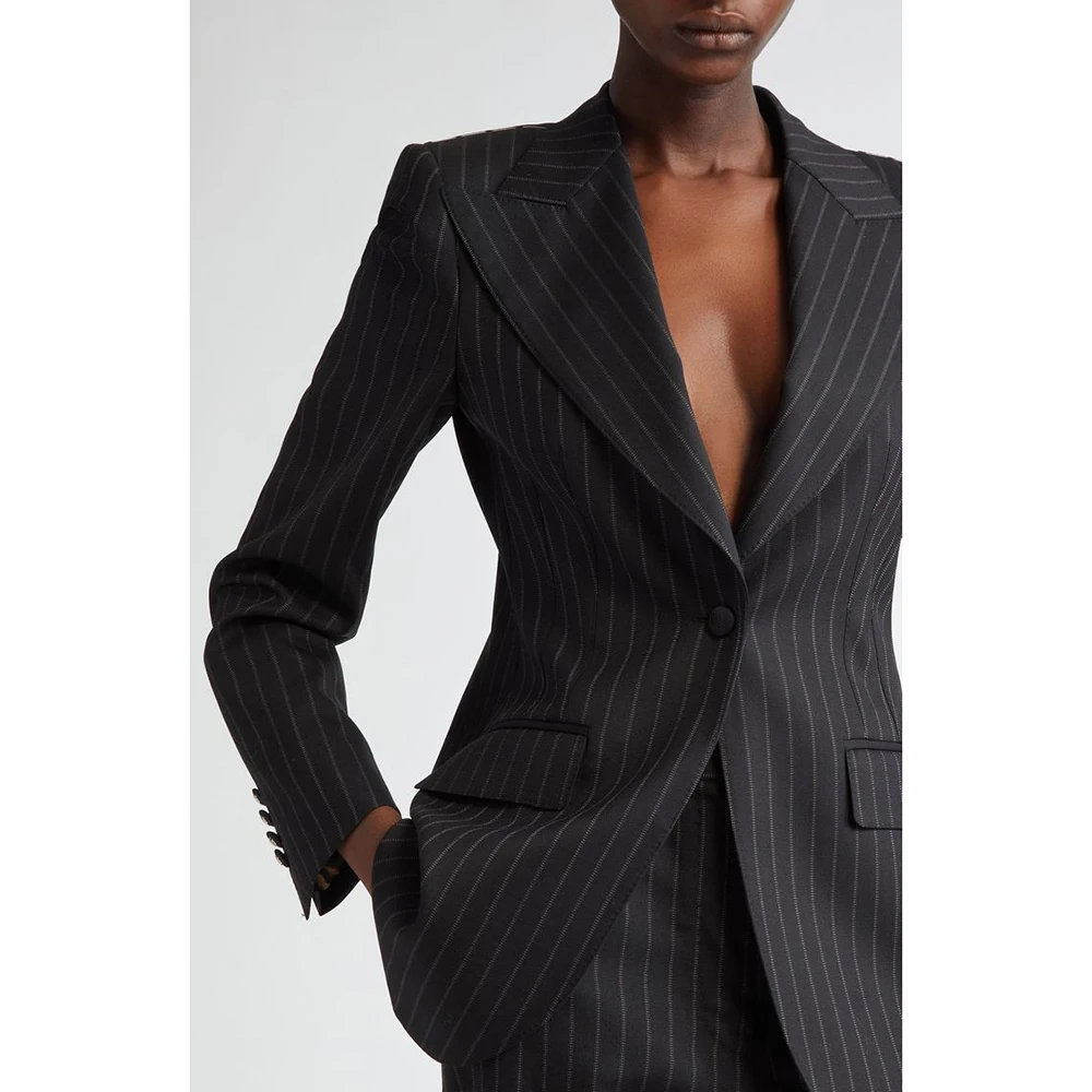 Elegant Black Strape Women's Blazer Fashion One-Button Peak Lapel Slim Fit 2 Piece Jacket Pants Sets Customzied Outfits 2025
Elegant Black Strape Women's Blazer Fashion One-Button Peak Lapel Slim Fit 2 Piece Jacket Pants Sets Customzied Outfits 2025