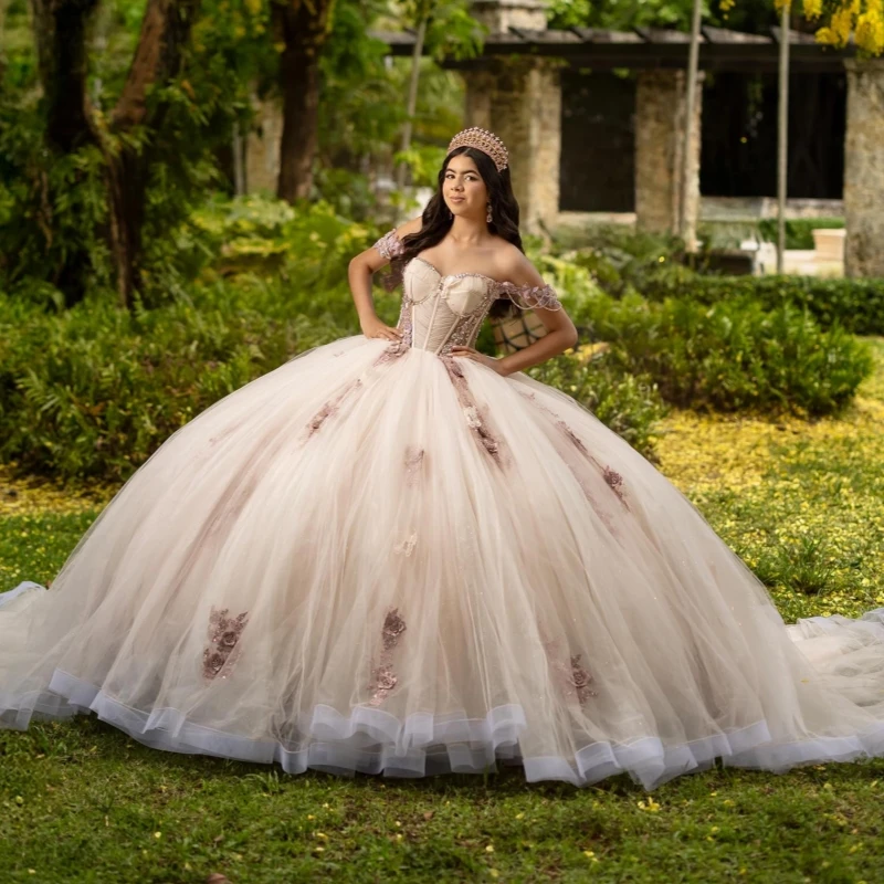 Light champagne Shiny Ball Gown Quinceanera Dresses Applique Lace Beading Crystal Tiered Tull Corset Off The Shoulder Sweet 16
Light champagne Shiny Ball Gown Quinceanera Dresses Applique Lace Beading Crystal Tiered Tull Corset Off The Shoulder Sweet 16