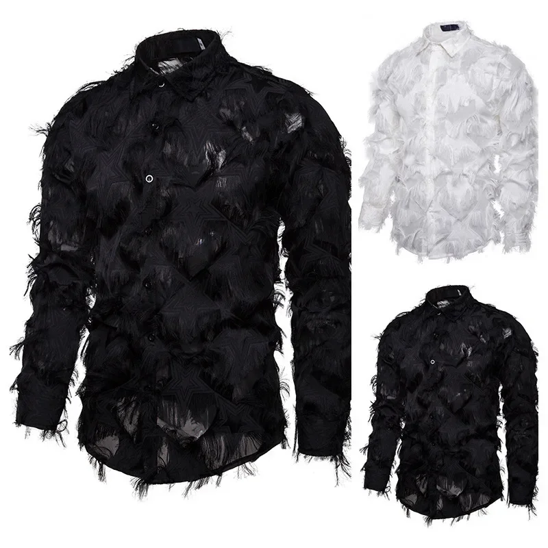 Shirts Men Party Feather Shirt Turn Down Collar Full Sleeve Single Breasted Splice Regular Solid Prom Tops Spring Summer
Shirts Men Party Feather Shirt Turn Down Collar Full Sleeve Single Breasted Splice Regular Solid Prom Tops Spring Summer