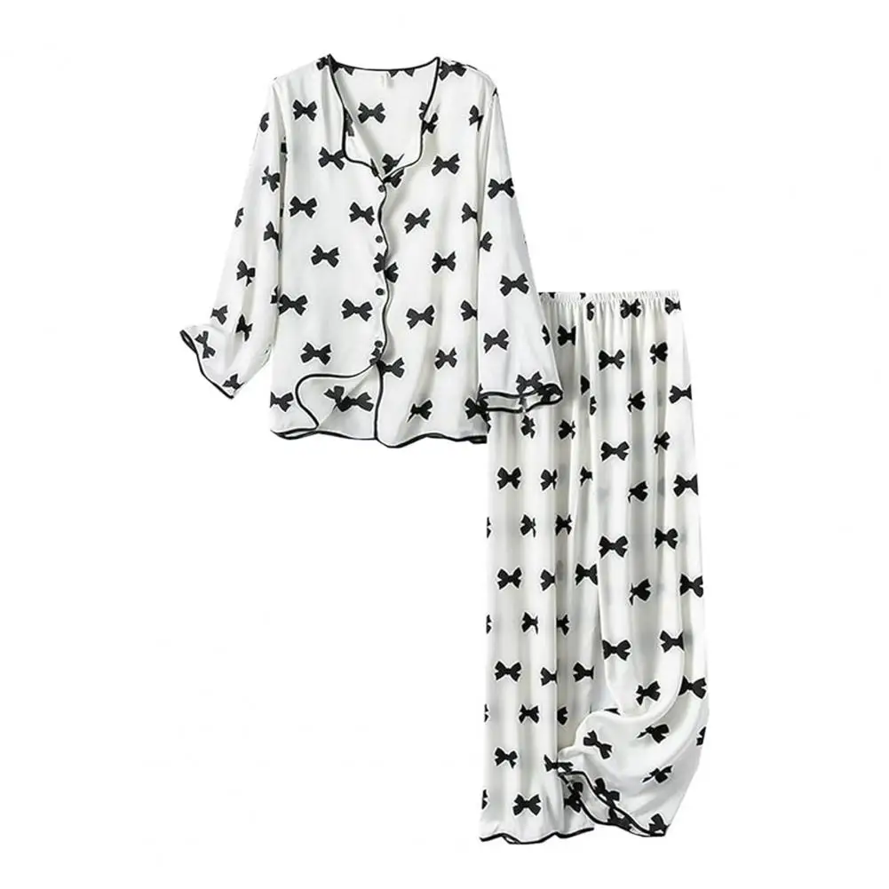Women Loungewear Set Elegant Satin Pajama Set with Bow Print Button-down Shirt Wide Leg Trousers Spring for Women for Comfort
Women Loungewear Set Elegant Satin Pajama Set with Bow Print Button-down Shirt Wide Leg Trousers Spring for Women for Comfort