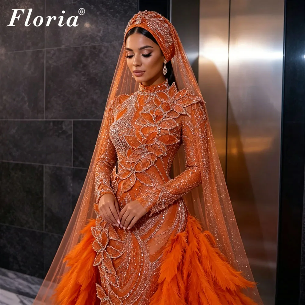 Shiny Orange Beaded Evening Dresses With Slit Feathers Muslim Long Sleeves Pageant Party Gowns Customized Engagement Dress 2026
Shiny Orange Beaded Evening Dresses With Slit Feathers Muslim Long Sleeves Pageant Party Gowns Customized Engagement Dress 2026