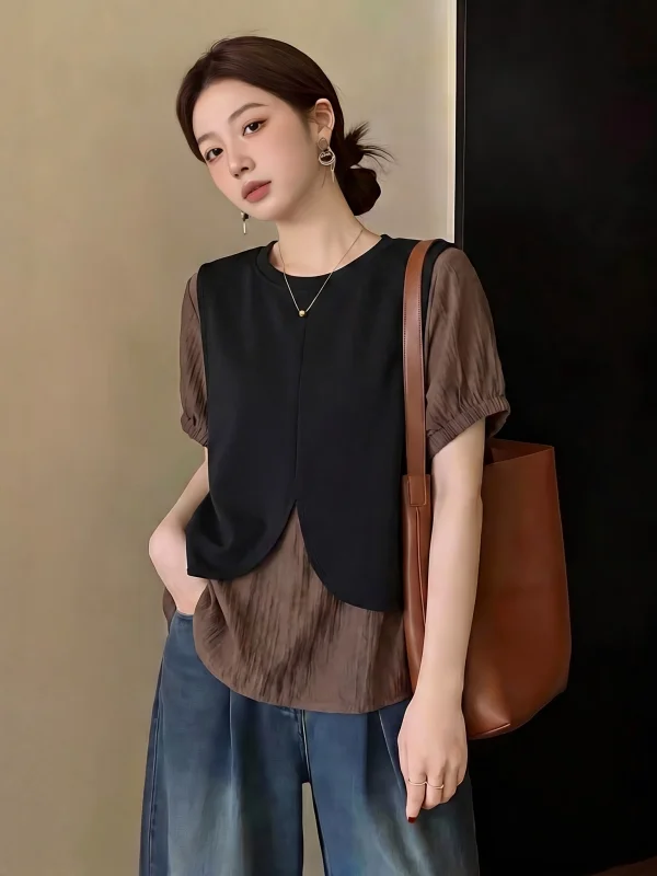 Elegant Short Sleeve Shirt Women's Summer New plus Size Conceal Belly Fake Two-Piece Top Comfortable Korean Style Loose Fit
Elegant Short Sleeve Shirt Women's Summer New plus Size Conceal Belly Fake Two-Piece Top Comfortable Korean Style Loose Fit