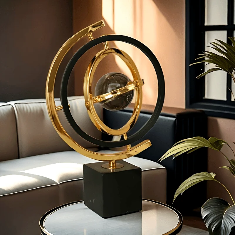 360-Degree Rotating Modern Abstract Metal Globe Sculpture with Rectangular Stand - Black & Golden Art Decor for Home or Office
360-Degree Rotating Modern Abstract Metal Globe Sculpture with Rectangular Stand - Black & Golden Art Decor for Home or Office