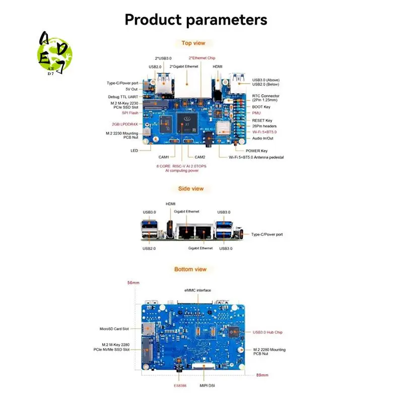 AED7-For Orange Pi RV2 Single Board Computer DDR4 8-Core RISC-V 2TOPS AI CPU Wifi BT5.0 BLE M2 PCIE SSD Mini PC
AED7-For Orange Pi RV2 Single Board Computer DDR4 8-Core RISC-V 2TOPS AI CPU Wifi BT5.0 BLE M2 PCIE SSD Mini PC