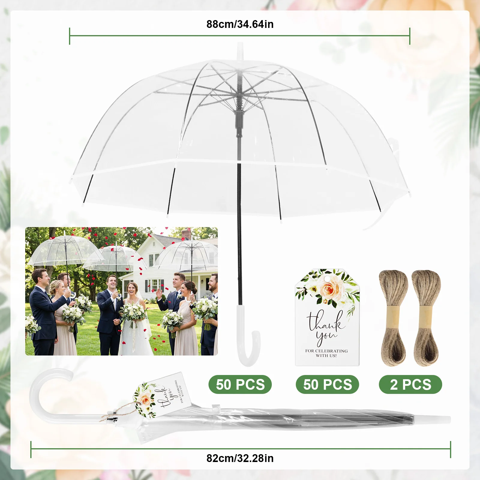 52 Inch Large Dome Rain Windproof Stick Umbrellas with Classic Hook Handle with Thank You Tags and Rope Wedding Favors for Guest
52 Inch Large Dome Rain Windproof Stick Umbrellas with Classic Hook Handle with Thank You Tags and Rope Wedding Favors for Guest