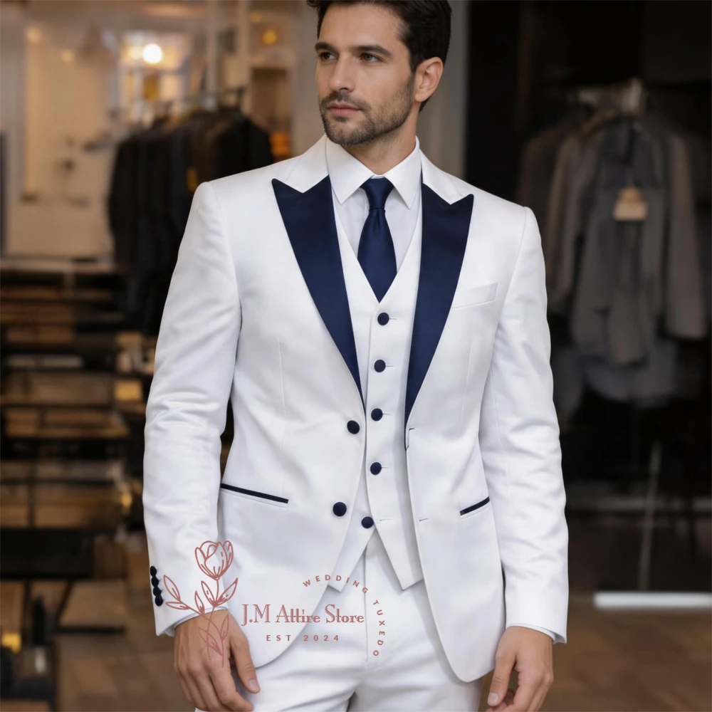 Haute Couture Men's Suit White 3pcs Set Navy Blue Peak-Lapel Jacket Vest Pants Slim-Fitting Clothes for Wedding Groom's Tuxedo
Haute Couture Men's Suit White 3pcs Set Navy Blue Peak-Lapel Jacket Vest Pants Slim-Fitting Clothes for Wedding Groom's Tuxedo