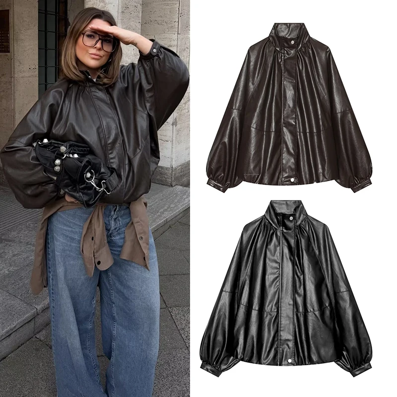 Women's PU Leather Jacket Summer 2026 High Neck Batwing Sleeve Bomber Coat Punk Style Loose Vintage Color Outerwear
Women's PU Leather Jacket Summer 2026 High Neck Batwing Sleeve Bomber Coat Punk Style Loose Vintage Color Outerwear
