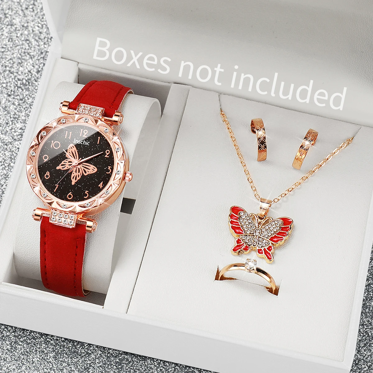 5 шт./компл. модные женские часы со стразами, кожаный ремешок, кварцевые часы, комплект ювелирных изделий с бабочкой (без коробки)
5 шт./компл. модные женские часы со стразами, кожаный ремешок, кварцевые часы, комплект ювелирных изделий с бабочкой (без коробки)