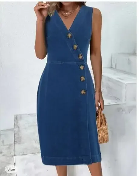 Summer V-neck Women Denim Dress Casual Fashion Sleeveless Single-breasted Blue Female Simple Long Dress
Summer V-neck Women Denim Dress Casual Fashion Sleeveless Single-breasted Blue Female Simple Long Dress