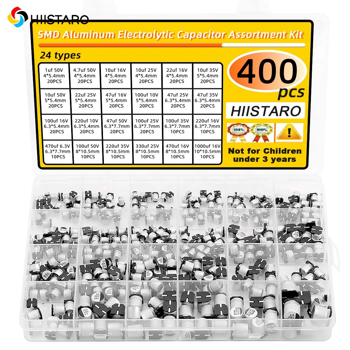 400Pcs SMD Aluminum Electrolytic Capacitor Assortment Kit 24Values 1uF‑1000uF SMD Capacitors Set for Electronic DIY Repair
400Pcs SMD Aluminum Electrolytic Capacitor Assortment Kit 24Values 1uF‑1000uF SMD Capacitors Set for Electronic DIY Repair