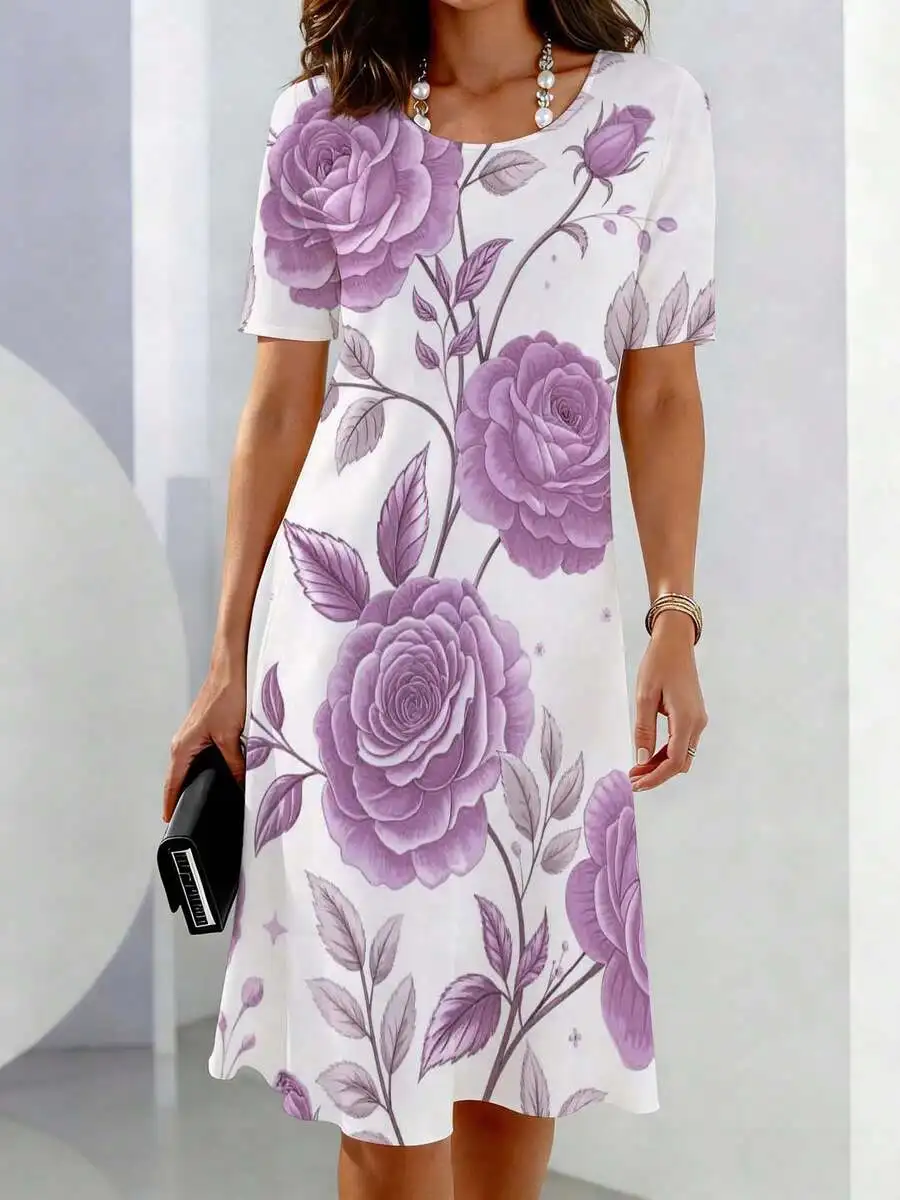 Womens Casual Purple Rose Floral Print Short Sleeve Crew Neck Dress For Leisure
Womens Casual Purple Rose Floral Print Short Sleeve Crew Neck Dress For Leisure