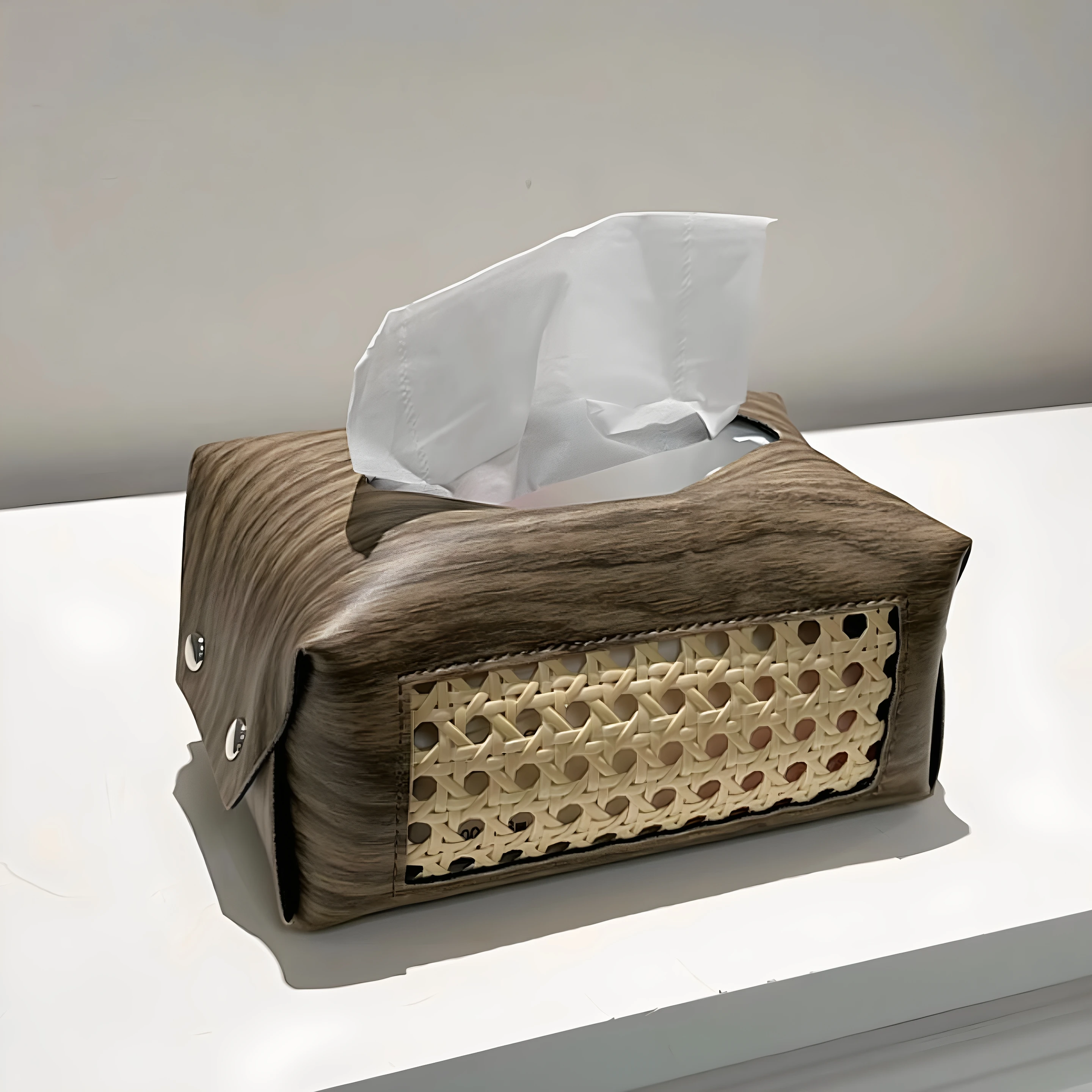 Mid-Century Tissue Box Leather and Rattan Design High-End Desktop Decor Wooden Pattern Napkin Storage Box
Mid-Century Tissue Box Leather and Rattan Design High-End Desktop Decor Wooden Pattern Napkin Storage Box