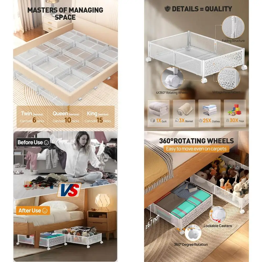 4-Pack Foldable Metal Underbed Storage Boxes with Wheels, 60L Capacity for Shoes, Blankets, and More
4-Pack Foldable Metal Underbed Storage Boxes with Wheels, 60L Capacity for Shoes, Blankets, and More