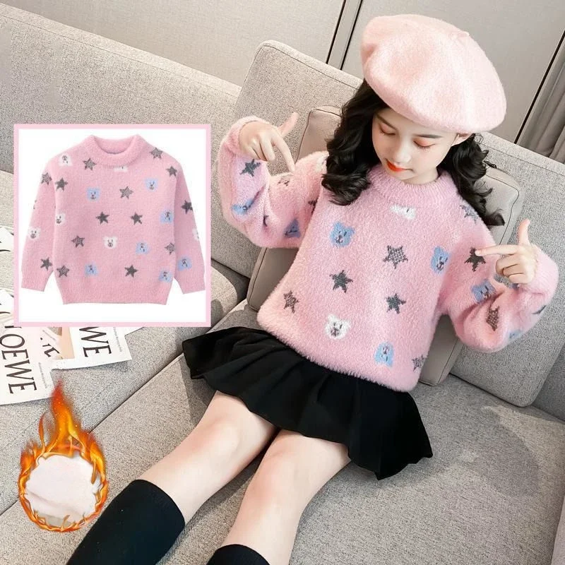 Girls' Mink Wool Sweater Autumn Winter Clothing Thickened Plush Style Medium Large Children's Pullover Knitted Base Sweaters
Girls' Mink Wool Sweater Autumn Winter Clothing Thickened Plush Style Medium Large Children's Pullover Knitted Base Sweaters
