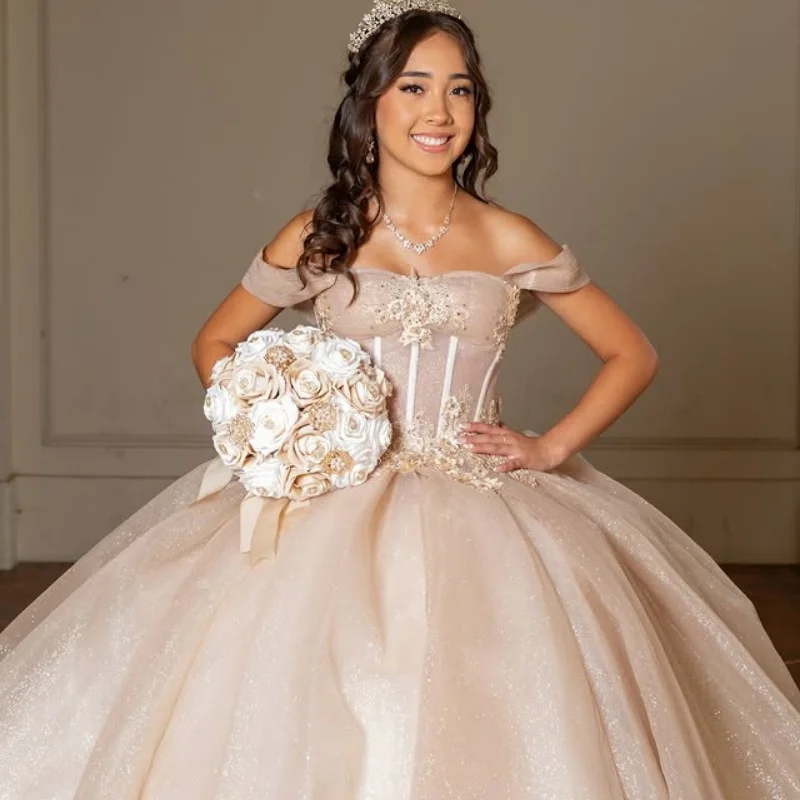 Shiny Light Champagne Quinceanera Dress off-shoulder Crystal Glitter flower Decal Vestidos De 15 Quinceanera Customize
Shiny Light Champagne Quinceanera Dress off-shoulder Crystal Glitter flower Decal Vestidos De 15 Quinceanera Customize