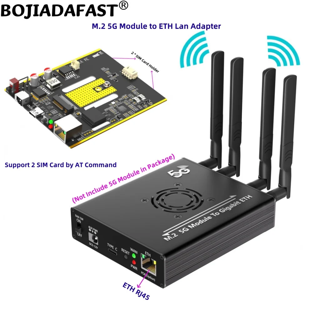 M.2 NGFF 5G Module to ETH RJ45 Wired Lan Adapter Dual SIM Card Slot 4 Antennas Case & Fan for RM520N-GL RM510Q-GL RM530N-GL
M.2 NGFF 5G Module to ETH RJ45 Wired Lan Adapter Dual SIM Card Slot 4 Antennas Case & Fan for RM520N-GL RM510Q-GL RM530N-GL