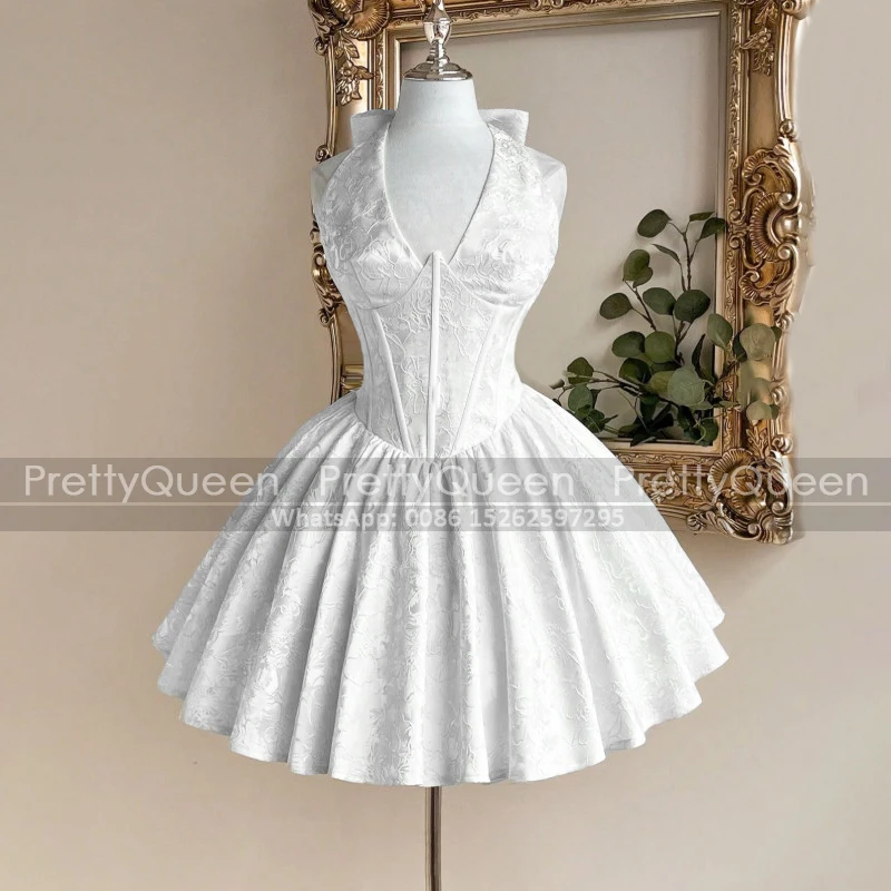 White Short Bridesmaid Dresses Bow Halter Plunging Neck Sleeveless Customized Mini Wedding Party Dress For Women
White Short Bridesmaid Dresses Bow Halter Plunging Neck Sleeveless Customized Mini Wedding Party Dress For Women