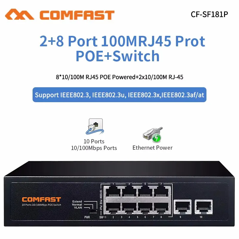 8+2 Port 10/100Mbps Poe Switch Fast Ethernet Switch Network IP Cameras Powered PoE Adapter for Indoor IP CAM Access Point Router
8+2 Port 10/100Mbps Poe Switch Fast Ethernet Switch Network IP Cameras Powered PoE Adapter for Indoor IP CAM Access Point Router