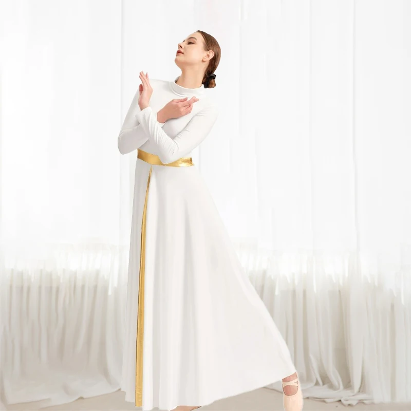 Women's High Neck Praise Dance Dress Metallic Waistband Long Swing Liturgical Worship Church Robe Dress Lyrical Dancewear
Women's High Neck Praise Dance Dress Metallic Waistband Long Swing Liturgical Worship Church Robe Dress Lyrical Dancewear