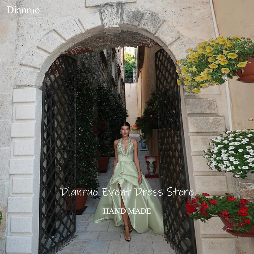 Dianruo Halter Deep V Neck Evening Dress Sleeveless Satin Side Slit Vestidos Verde Menta Graceful Bling Prom Gowns Customized
Dianruo Halter Deep V Neck Evening Dress Sleeveless Satin Side Slit Vestidos Verde Menta Graceful Bling Prom Gowns Customized
