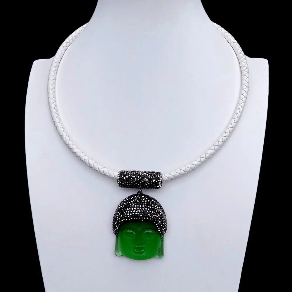 KKGEM 36x48mm Green Quartz Carved Buddha Head Pendant White Leather Choker Necklace
KKGEM 36x48mm Green Quartz Carved Buddha Head Pendant White Leather Choker Necklace
