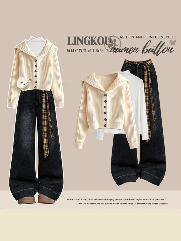 Spring College Style Knitted Navy Collar Set Women's Vintage Denim Inner Three-Piece Suit High Waist Long Pants Loose Fit
Spring College Style Knitted Navy Collar Set Women's Vintage Denim Inner Three-Piece Suit High Waist Long Pants Loose Fit