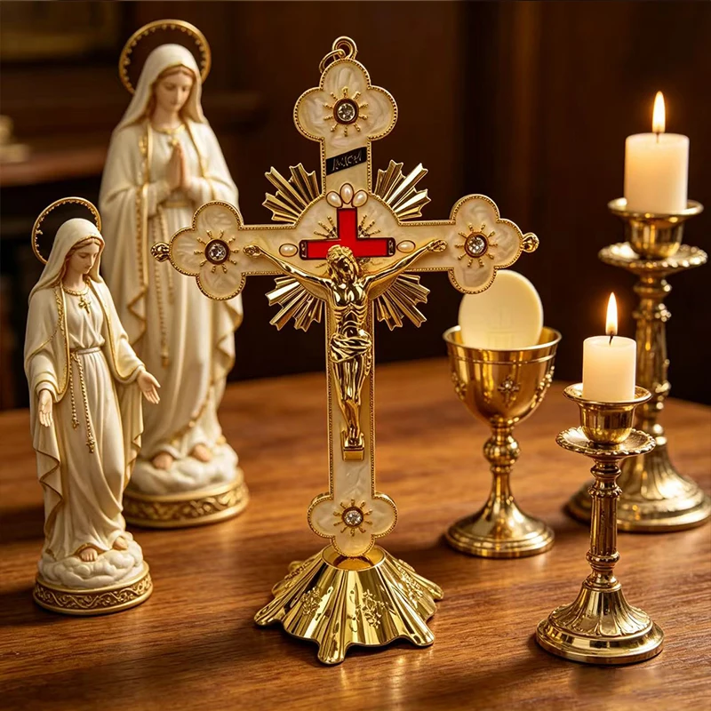 New Luxury Gold Plated Standing Crucifix Cross with Mother of Pearl & Crystals for Home Altar Prayer Religious Table DecorGift
New Luxury Gold Plated Standing Crucifix Cross with Mother of Pearl & Crystals for Home Altar Prayer Religious Table DecorGift