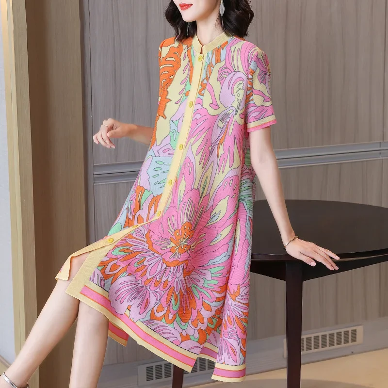 Miyake Pleated Retro Printed Medium Length Jacket with Elegant Temperament Single Breasted High Collar Short Dress Women's Top
Miyake Pleated Retro Printed Medium Length Jacket with Elegant Temperament Single Breasted High Collar Short Dress Women's Top