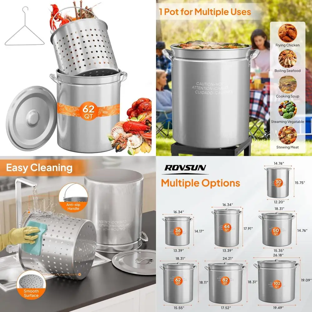 Stainless Steel 62-Quart Seafood Boil Pot with Strainer Basket and Lid, Ideal for Cooking Crabs, Lobsters, Shrimp, and Making Ve
Stainless Steel 62-Quart Seafood Boil Pot with Strainer Basket and Lid, Ideal for Cooking Crabs, Lobsters, Shrimp, and Making Ve