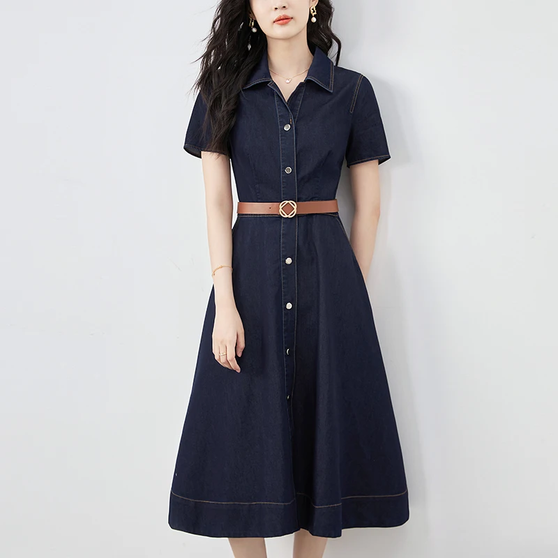 Summer Dresses For Women Elegant Turn-down Collar Short Sleeve 70% Cotton Women's Denim Shirt Dress A-line Woman Long Dress
Summer Dresses For Women Elegant Turn-down Collar Short Sleeve 70% Cotton Women's Denim Shirt Dress A-line Woman Long Dress