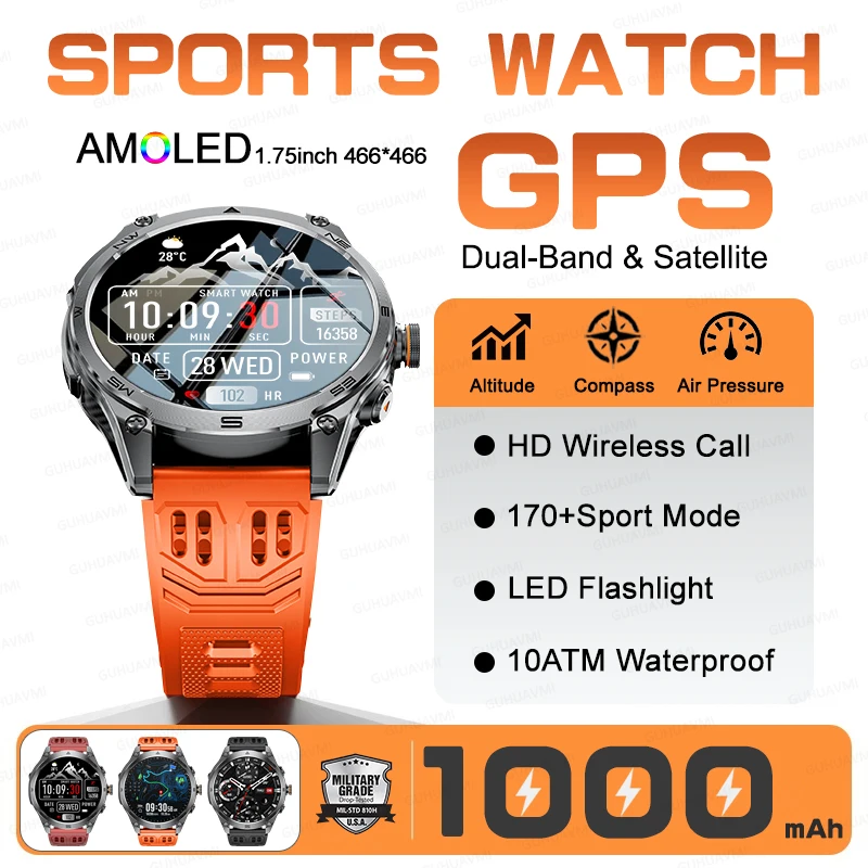 Outdoor New Military GPS Navigation Smart Watch Men Sturdy Durable 1000mAh Battery 10ATM Waterproof Flashlight 170+ Sport Watch
Outdoor New Military GPS Navigation Smart Watch Men Sturdy Durable 1000mAh Battery 10ATM Waterproof Flashlight 170+ Sport Watch