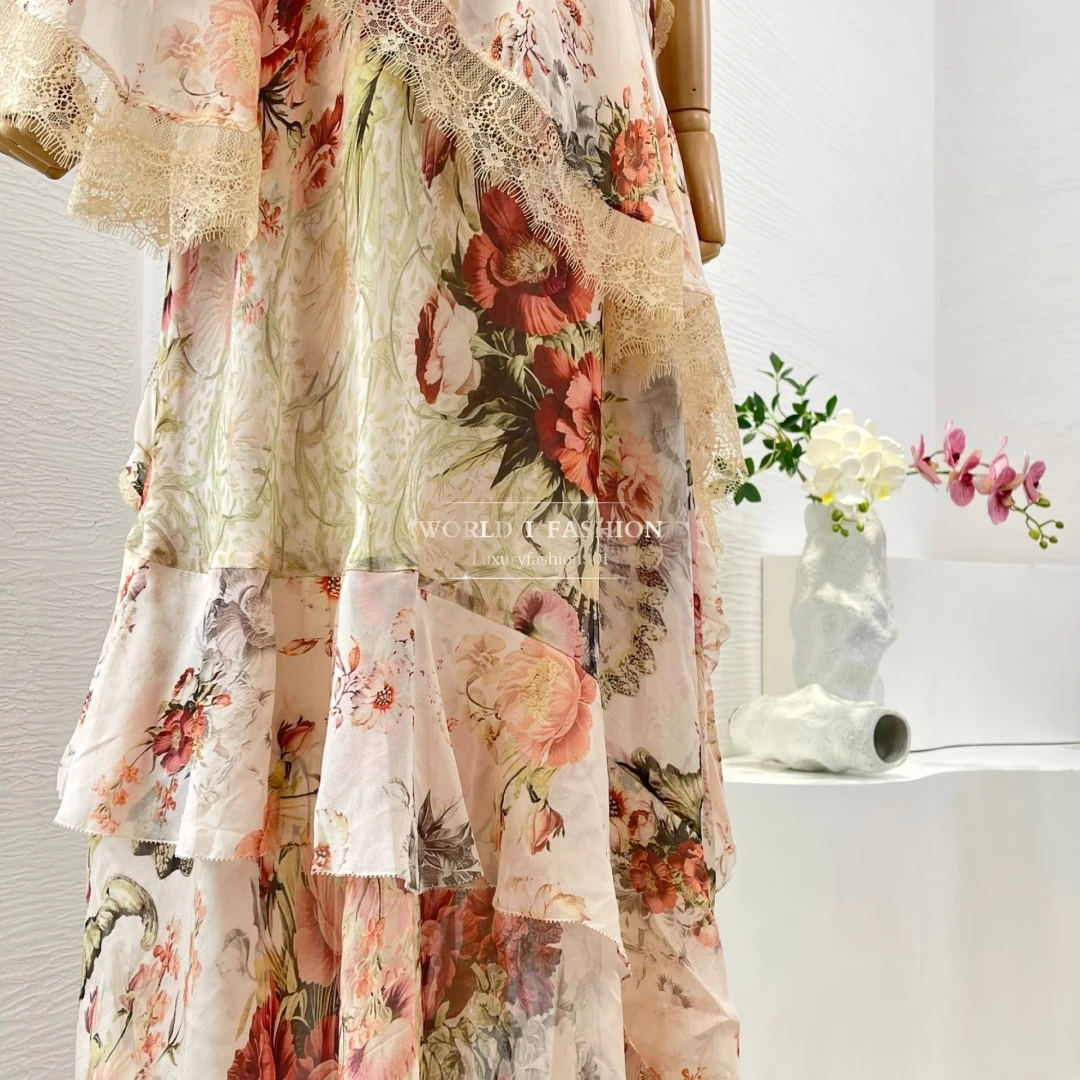 Red Beige Rose Flowers Print Long Unilateral Sleeve Ruffles Irregular Hem Flowers Appliqued Midi Dress High Quality Silk 2025
Red Beige Rose Flowers Print Long Unilateral Sleeve Ruffles Irregular Hem Flowers Appliqued Midi Dress High Quality Silk 2025