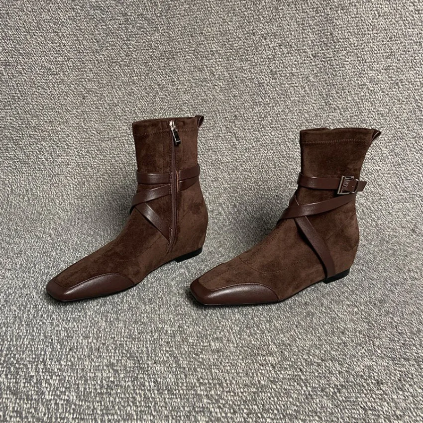 Women Elastic Slim Ankle Boots Square Toe Belt Buckle Side Zipper Internal Height Increasing Footwear 2026
Women Elastic Slim Ankle Boots Square Toe Belt Buckle Side Zipper Internal Height Increasing Footwear 2026