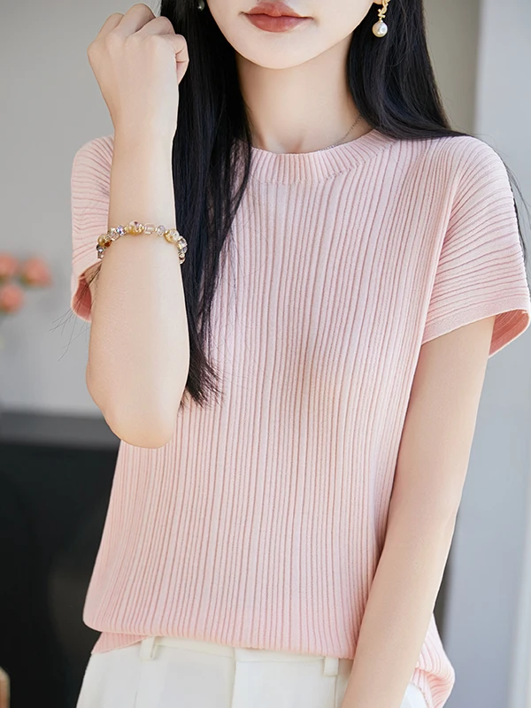 Korean Style Soft Fufu Pink Striped Ice Silk Knitted Short Sleeve round Neck Slimming Versatile Casual Top for Women
Korean Style Soft Fufu Pink Striped Ice Silk Knitted Short Sleeve round Neck Slimming Versatile Casual Top for Women