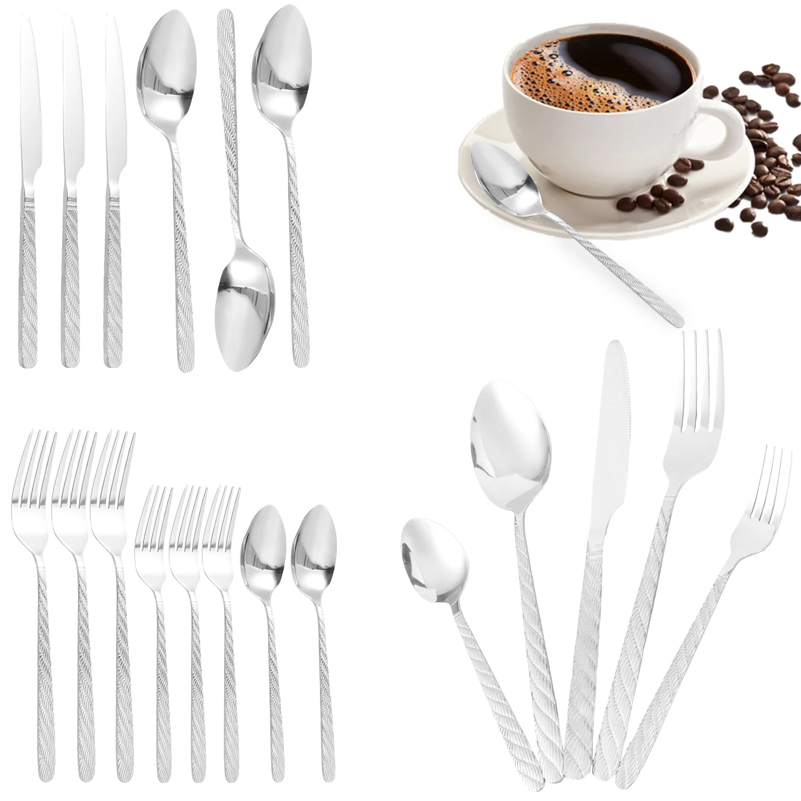 20 piece stainless steel knife fork and spoon set Twists handle anti skid beautiful tableware set suitable for household
20 piece stainless steel knife fork and spoon set Twists handle anti skid beautiful tableware set suitable for household
