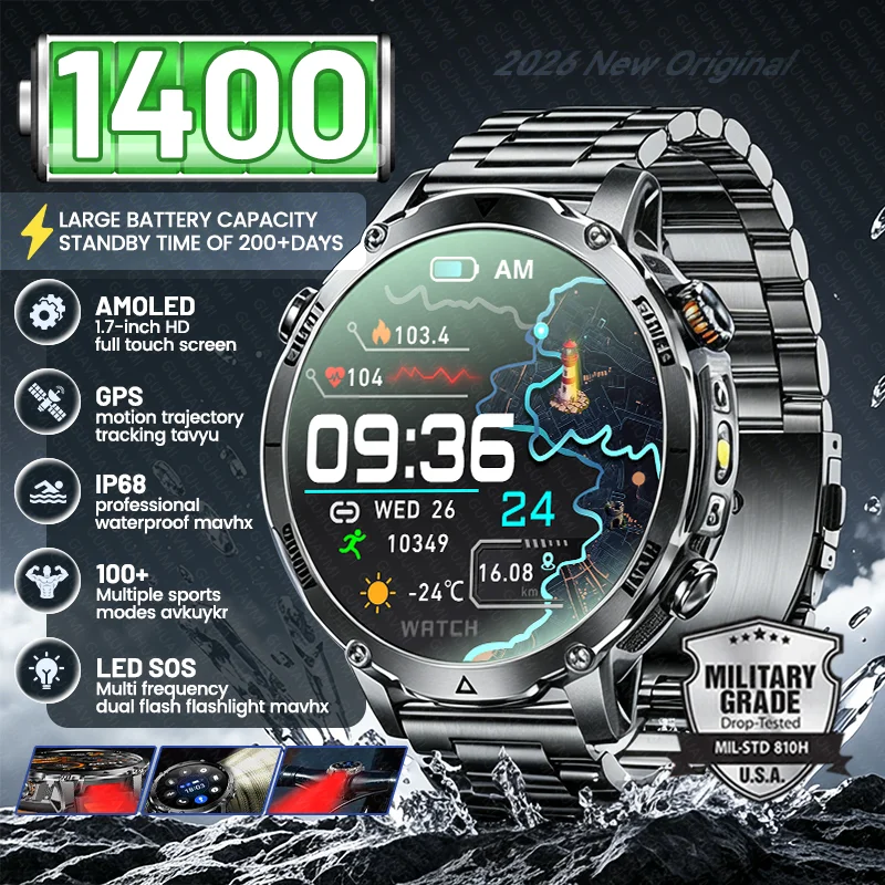 New Military 1400mAh Battery Capacity Smart Watch 1.7"AMOLED SOS Flashlight Outdoor GPS Waterproof Sports Men BT Call Smartwatch
New Military 1400mAh Battery Capacity Smart Watch 1.7"AMOLED SOS Flashlight Outdoor GPS Waterproof Sports Men BT Call Smartwatch