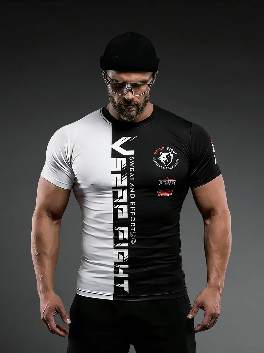 Мужская спортивная футболка VSZAP с коротким рукавом для тренировок, облегающая, быстросохнущая, черно-белая, с цветными блоками и принтом, круглый вырез горловины
Мужская спортивная футболка VSZAP с коротким рукавом для тренировок, облегающая, быстросохнущая, черно-белая, с цветными блоками и принтом, круглый вырез горловины