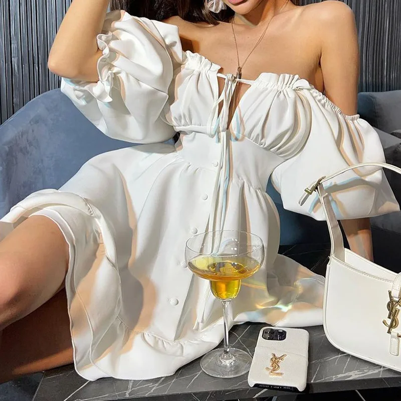 Women's Off Shoulder Mini Dresses Summer Solid Sundress Short Sleeve Ruffle Button Hollow Out Vestidos Korean Boho Party Dress
Women's Off Shoulder Mini Dresses Summer Solid Sundress Short Sleeve Ruffle Button Hollow Out Vestidos Korean Boho Party Dress