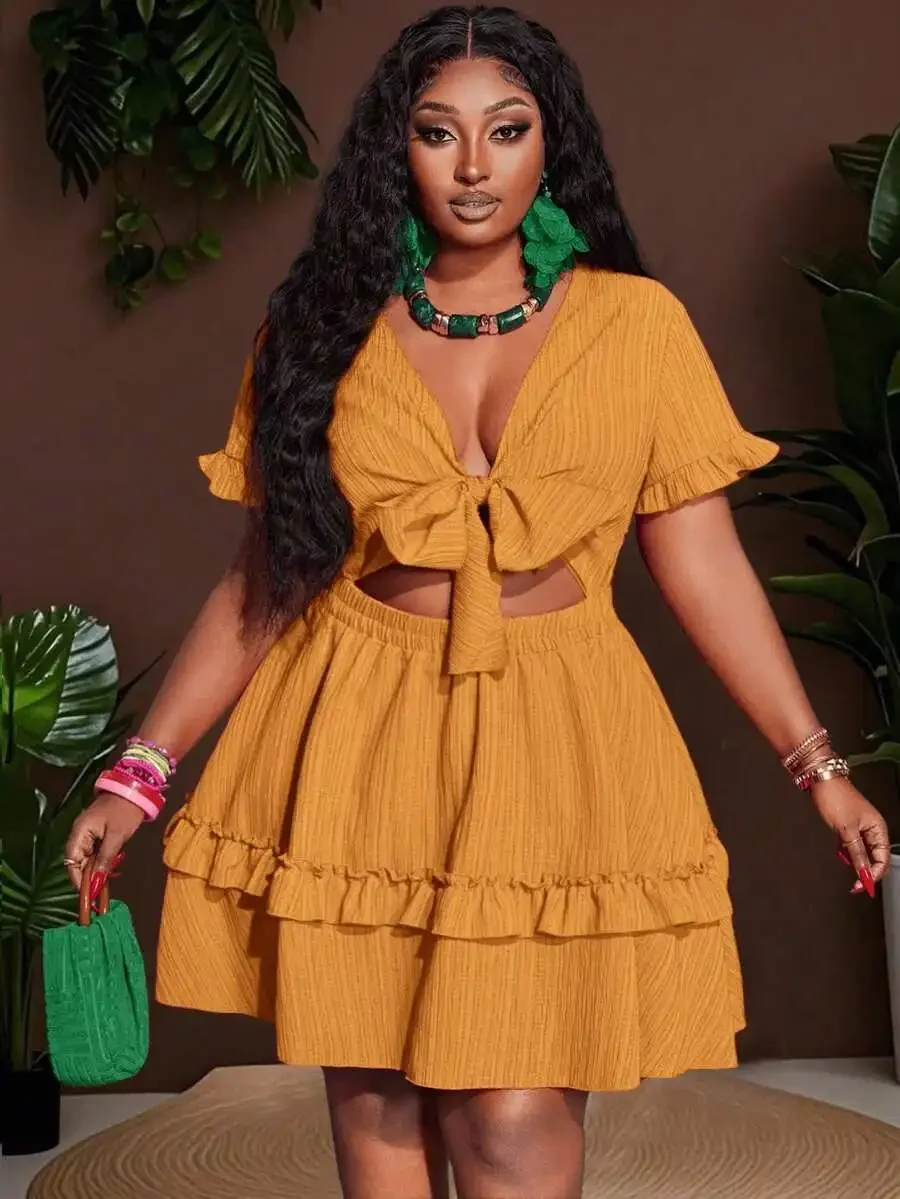 Mustard Yellow Ruffle Mini Dress With Chest Tie-Up And Cut-Out Detail A-Line Hem Woven Fabric Casual Holiday Wear
Mustard Yellow Ruffle Mini Dress With Chest Tie-Up And Cut-Out Detail A-Line Hem Woven Fabric Casual Holiday Wear