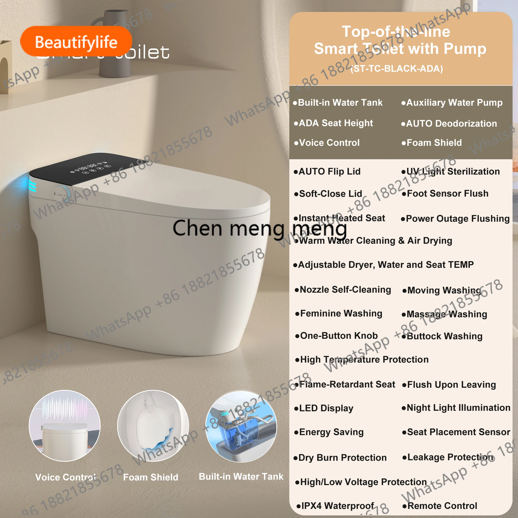 Умный унитаз A50 со встроенным биде, автоматическим открыванием/закрыванием, распылителем теплой воды, автоматическим двойным смывом, сиденьем с подогревом для ванной комнаты
Умный унитаз A50 со встроенным биде, автоматическим открыванием/закрыванием, распылителем теплой воды, автоматическим двойным смывом, сиденьем с подогревом для ванной комнаты