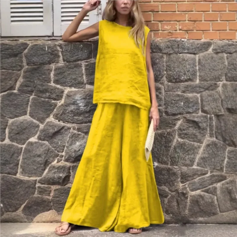 Vintage Women Solid Color Sleeveless Cotton Linen Wide Leg Pants Set Summer O neck Decoration Loose Linen Two Piece Suits 2025
Vintage Women Solid Color Sleeveless Cotton Linen Wide Leg Pants Set Summer O neck Decoration Loose Linen Two Piece Suits 2025