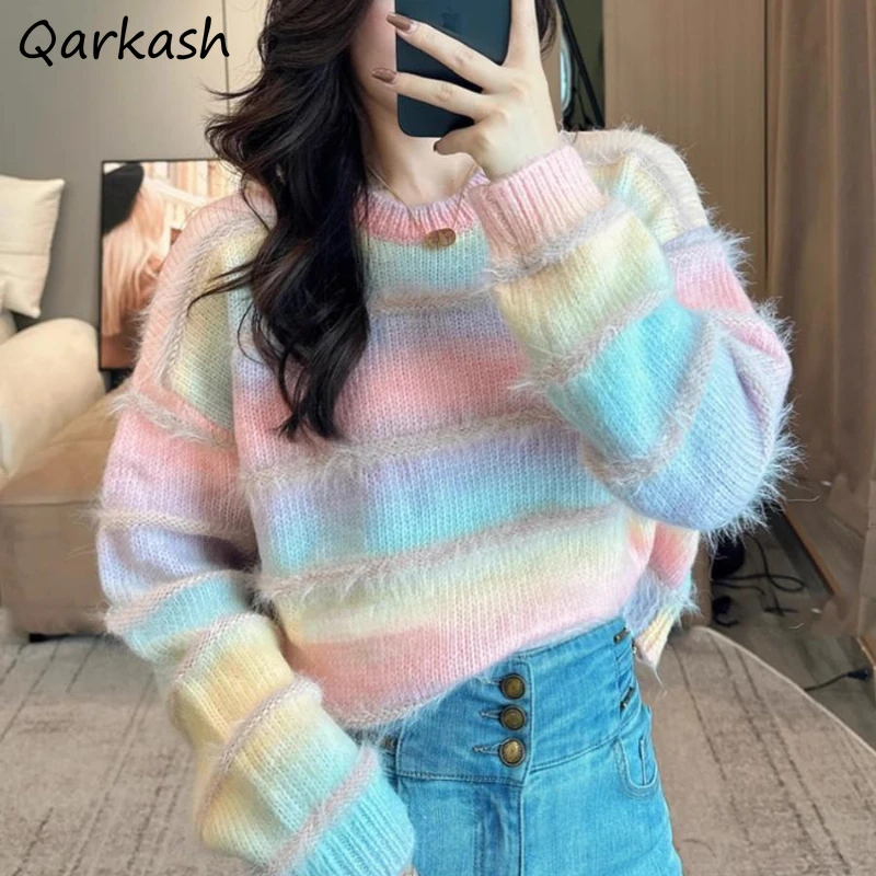 V-neck Pullovers Women Gradient Autumn Loose Knitting Long-sleeves Stripe Sweet Lovely Girls Korean-style All-match Leisure Soft
V-neck Pullovers Women Gradient Autumn Loose Knitting Long-sleeves Stripe Sweet Lovely Girls Korean-style All-match Leisure Soft