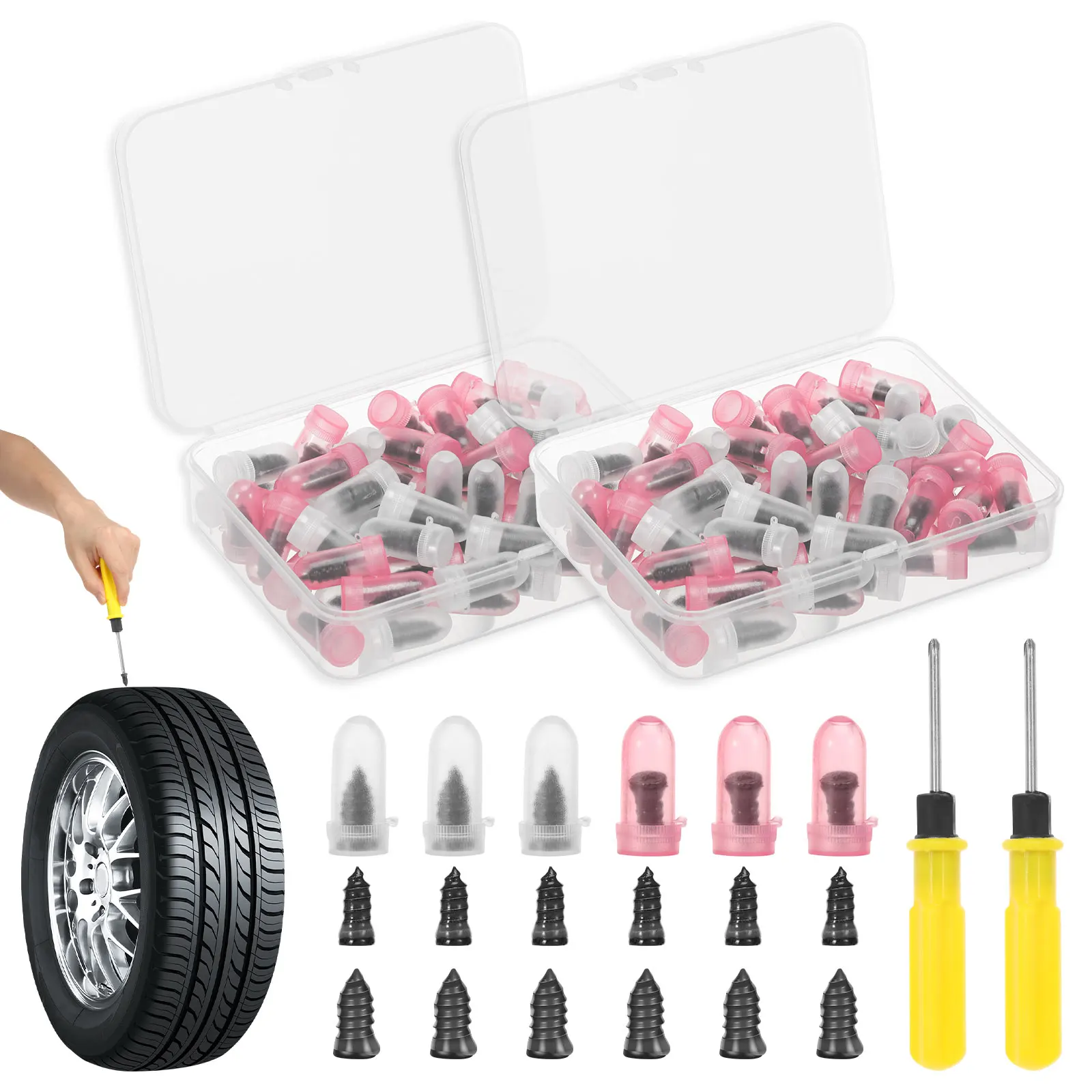 120Pcs Tire Repair Rubber Nail Kit Self-Service Vacuum Tire Screw in Repair Plug with 2 Screwdriver for Car Tire Puncture Repair
120Pcs Tire Repair Rubber Nail Kit Self-Service Vacuum Tire Screw in Repair Plug with 2 Screwdriver for Car Tire Puncture Repair