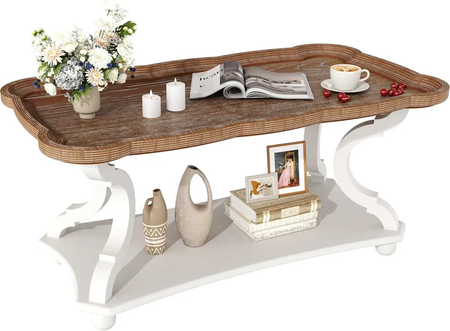 Журнальный столик в стиле французского кантри с полкой для хранения, натуральной столешницей-подносом и изогнутыми ножками для гостиной или балкона, винтажный белый
Журнальный столик в стиле французского кантри с полкой для хранения, натуральной столешницей-подносом и изогнутыми ножками для гостиной или балкона, винтажный белый