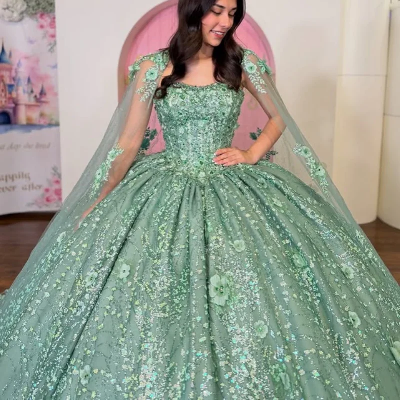 Green Quinceanera Dress Glitter Crystal 3D Flower Decal Long tail off-shoulder Bow Vestidos De 15 Quinceanera Customize
Green Quinceanera Dress Glitter Crystal 3D Flower Decal Long tail off-shoulder Bow Vestidos De 15 Quinceanera Customize