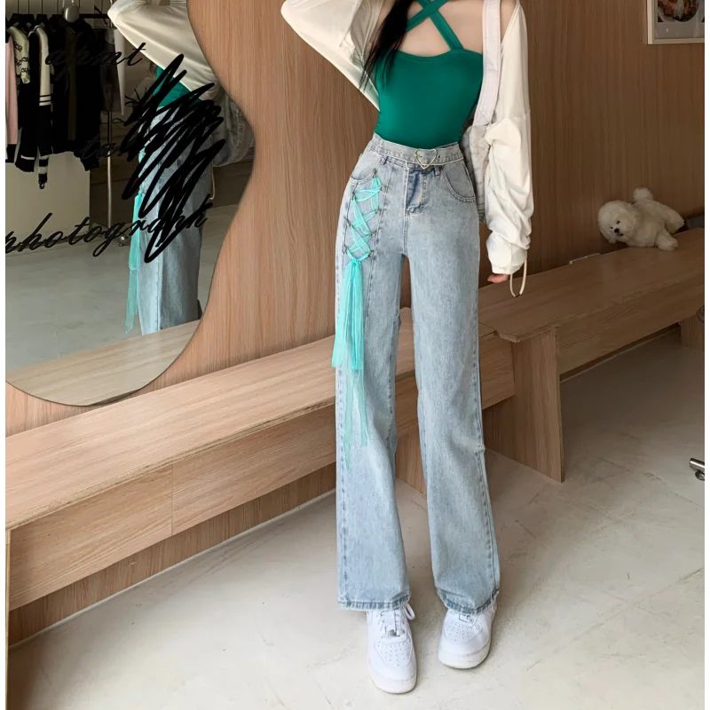 Women Blue Jeans Drawstring Mop Pants High Waist American Wide Leg Pants Y2K Fashion Vintage Female Autumn Straight Trousers
Women Blue Jeans Drawstring Mop Pants High Waist American Wide Leg Pants Y2K Fashion Vintage Female Autumn Straight Trousers