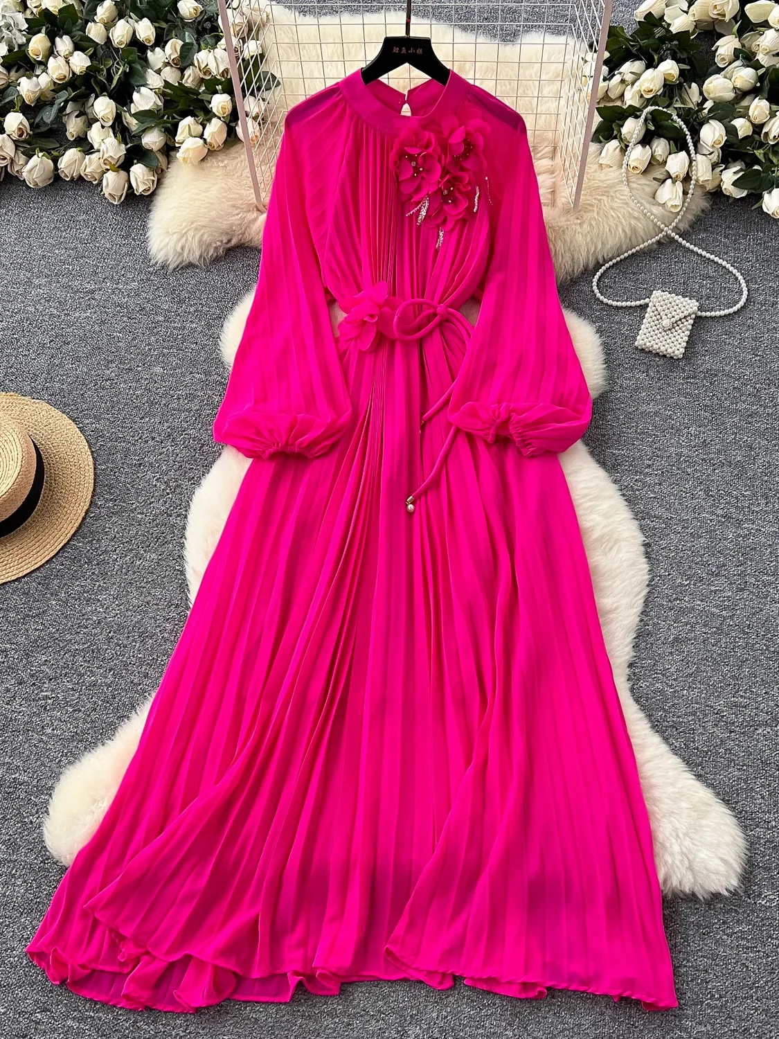 Spring Women Beading Draped Pleated Long Dress Elegant Rose Red/Blue/Green/Yellow Puff Sleeve High Waist Maxi Vestidos Robe New 
Spring Women Beading Draped Pleated Long Dress Elegant Rose Red/Blue/Green/Yellow Puff Sleeve High Waist Maxi Vestidos Robe New