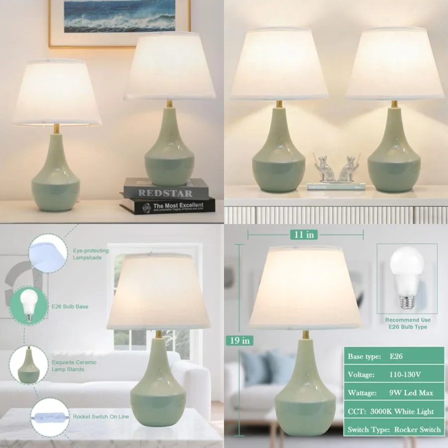 Green Table Lamps Set of 2 19" Ceramic Bedside Desk Lamps for Nightstands with Rocker Swtich Modern Sage Green Lamps for Bedroo
Green Table Lamps Set of 2 19" Ceramic Bedside Desk Lamps for Nightstands with Rocker Swtich Modern Sage Green Lamps for Bedroo